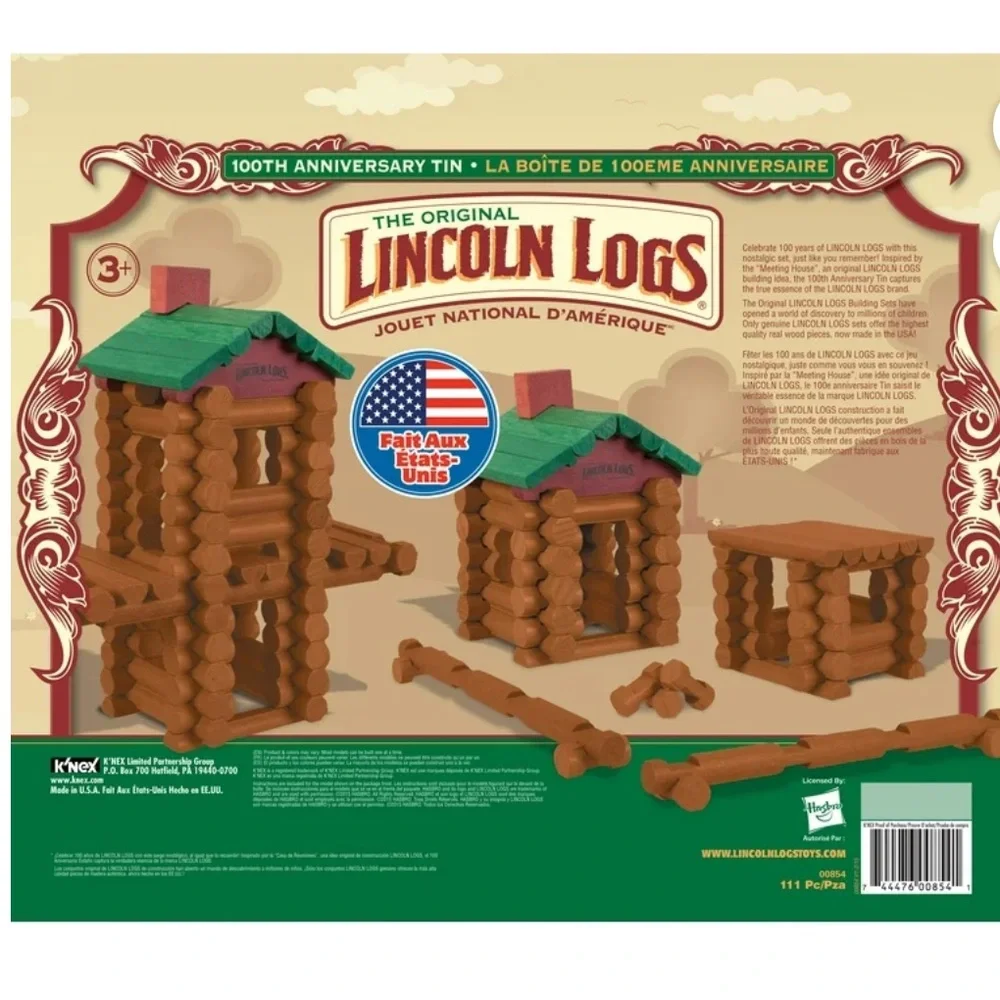 Lincoln Logs 100th Anniversary Tin building wooden blocks- 111 Pieces PriceFirm!